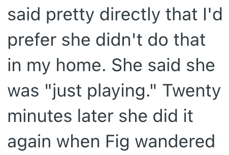 said pretty directly that I'd prefer she didn't do that in my home. She said she was "just playing." Twenty minutes later she did it again when Fig wandered