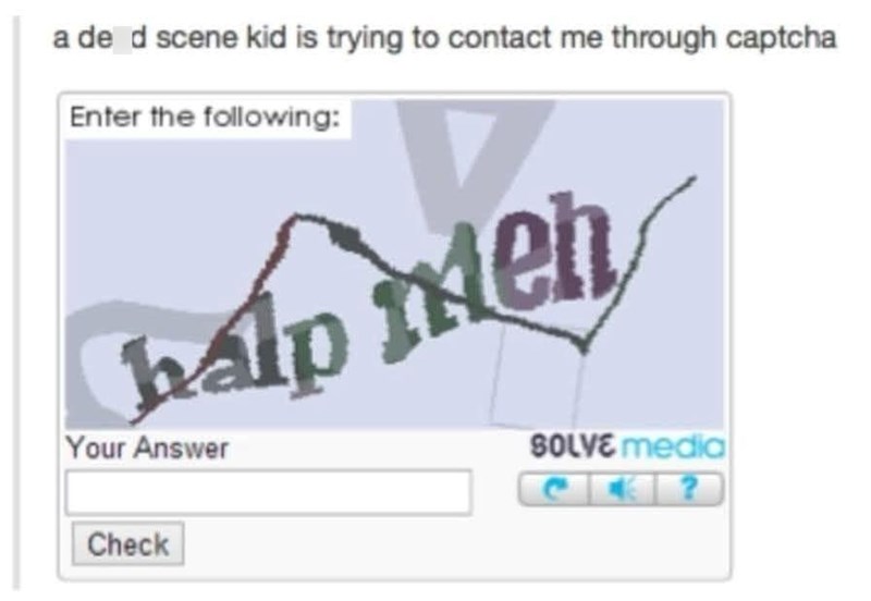 a de d scene kid is trying to contact me through captcha Enter the following: halp meh Your Answer Check SOLVE media C?