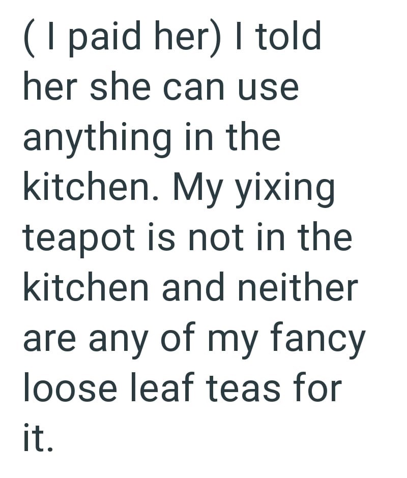 (I paid her) I told her she can use anything in the kitchen. My yixing teapot is not in the kitchen and neither are any of my fancy loose leaf teas for it.