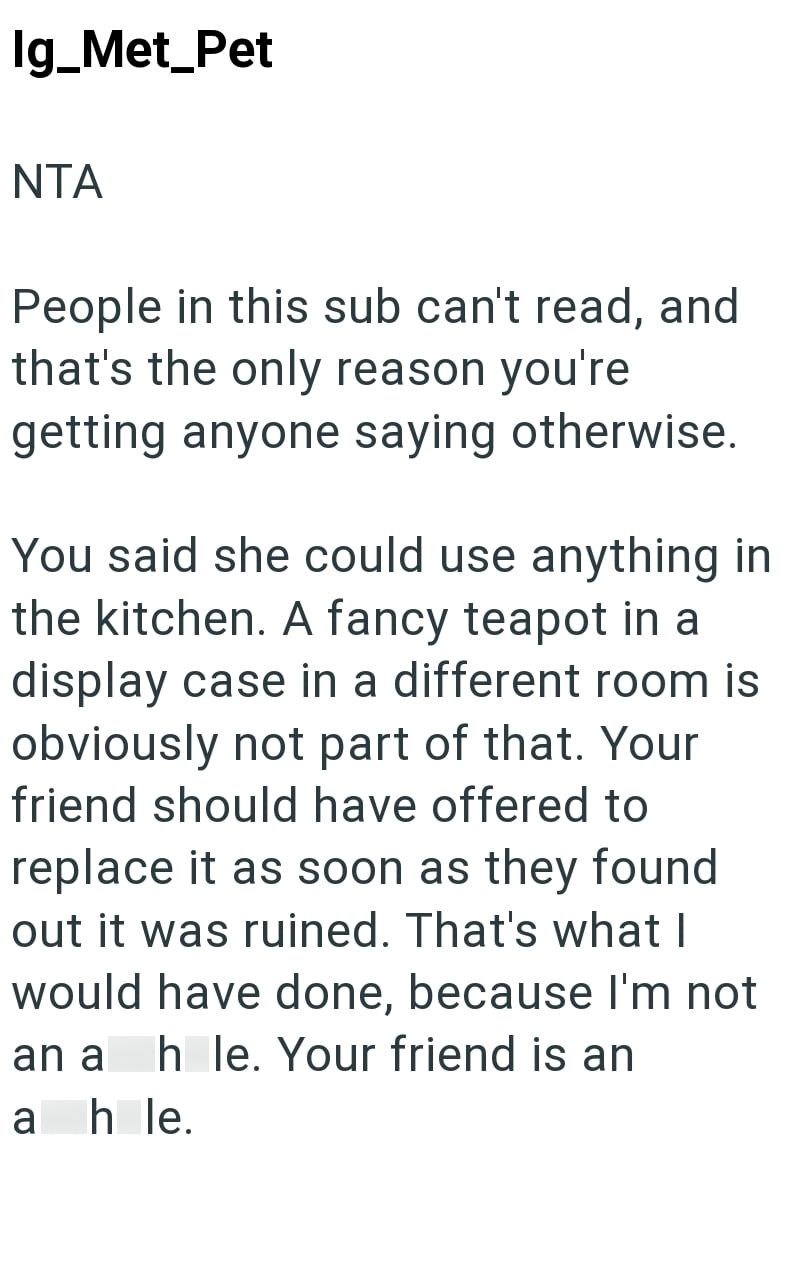 Ig_Met_Pet NTA People in this sub can't read, and that's the only reason you're getting anyone saying otherwise. You said she could use anything in the kitchen. A fancy teapot in a display case in a different room is obviously not part of that. Your friend should have offered to replace it as soon as they found out it was ruined. That's what I would have done, because I'm not an a h le. Your friend is an ahle.