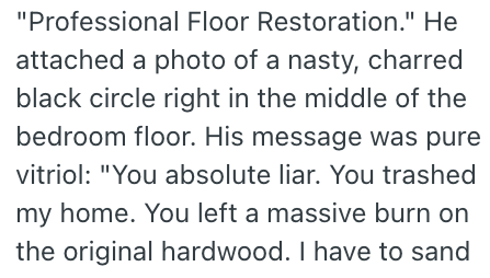 "Professional Floor Restoration." He attached a photo of a nasty, charred black circle right in the middle of the bedroom floor. His message was pure vitriol: "You absolute liar. You trashed my home. You left a massive burn on the original hardwood. I have to sand
