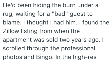 He'd been hiding the burn under a rug, waiting for a "bad" guest to blame. I thought I had him. I found the Zillow listing from when the apartment was sold two years ago. I scrolled through the professional photos and Bingo. In the high-res