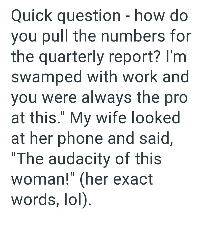 Quick question - how do you pull the numbers for the quarterly report? I'm swamped with work and you were always the pro at this." My wife looked at her phone and said, "The audacity of this woman!" (her exact words, lol).