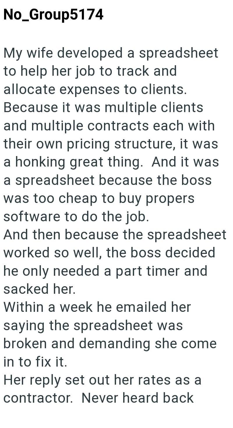 No_Group5174 My wife developed a spreadsheet to help her job to track and allocate expenses to clients. Because it was multiple clients and multiple contracts each with their own pricing structure, it was a honking great thing. And it was a spreadsheet because the boss was too cheap to buy propers software to do the job. And then because the spreadsheet worked so well, the boss decided he only needed a part timer and sacked her. Within a week he emailed her saying the spreadsheet was broken and