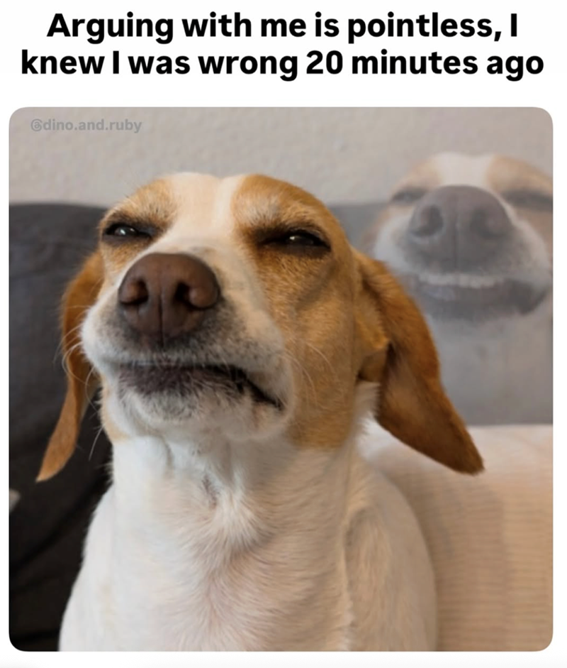 Arguing with me is pointless, I knew I was wrong 20 minutes ago dino.and.ruby