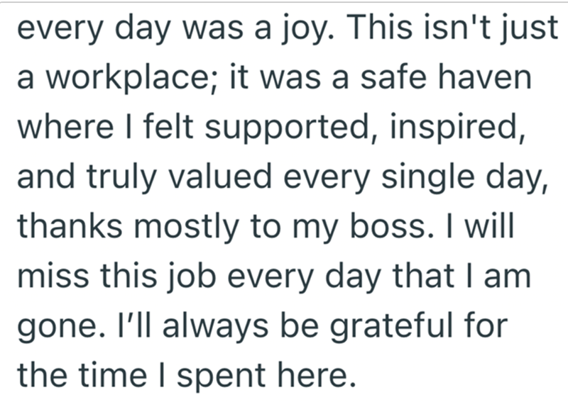 every day was a joy. This isn't just a workplace; it was a safe haven where I felt supported, inspired, and truly valued every single day, thanks mostly to my boss. I will miss this job every day that I am gone. I'll always be grateful for the time I spent here.