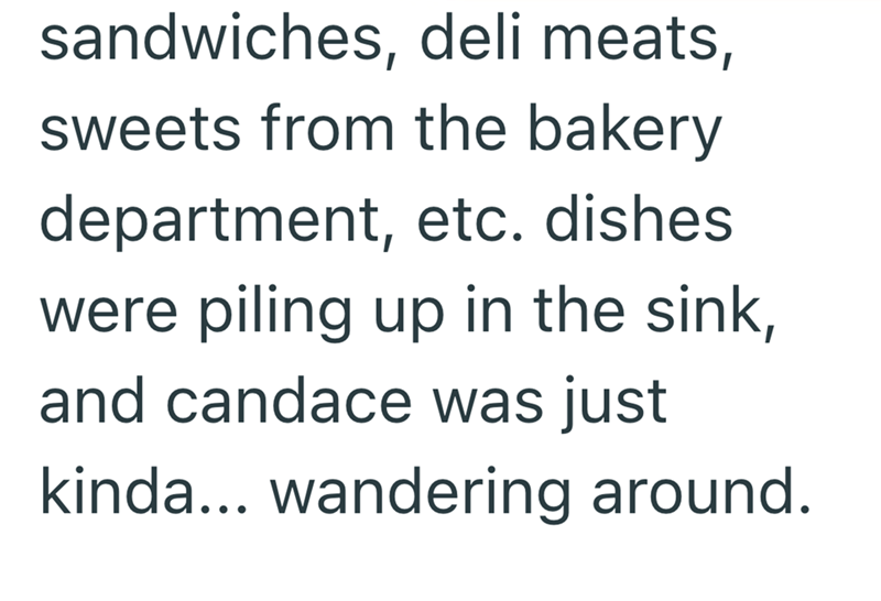 sandwiches, deli meats, sweets from the bakery department, etc. dishes were piling up in the sink, and candace was just kinda... wandering around.