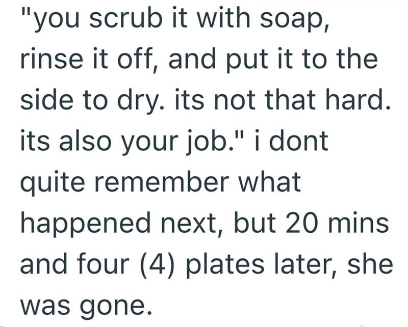 "you scrub it with soap, rinse it off, and put it to the side to dry. its not that hard. its also your job." i dont quite remember what happened next, but 20 mins and four (4) plates later, she was gone.