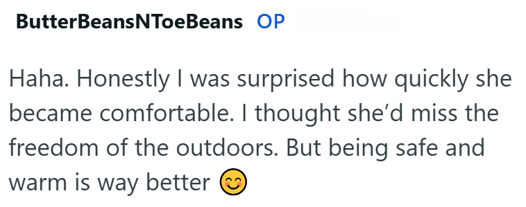 ButterBeans NToeBeans OP Haha. Honestly I was surprised how quickly she became comfortable. I thought she'd miss the freedom of the outdoors. But being safe and warm is way better