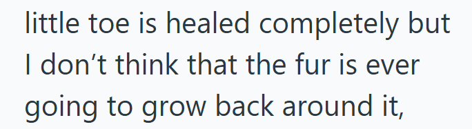 little toe is healed completely but I don't think that the fur is ever going to grow back around it,