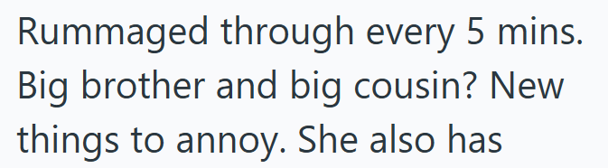 Rummaged through every 5 mins. Big brother and big cousin? New things to annoy. She also has