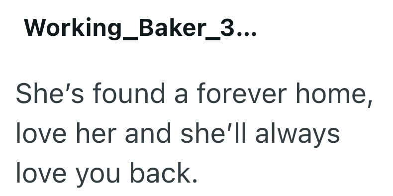 Working_Baker_3... She's found a forever home, love her and she'll always love you back.