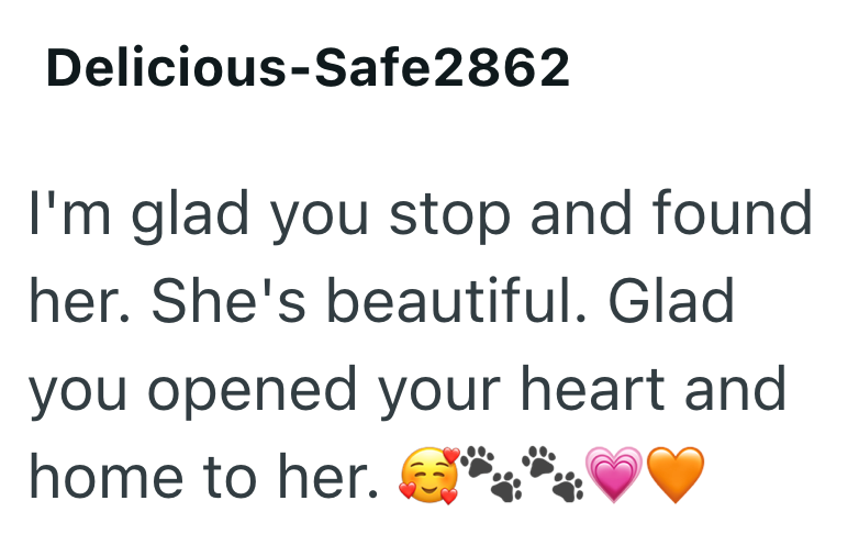 Delicious-Safe2862 I'm glad you stop and found her. She's beautiful. Glad you opened your heart and home to her.