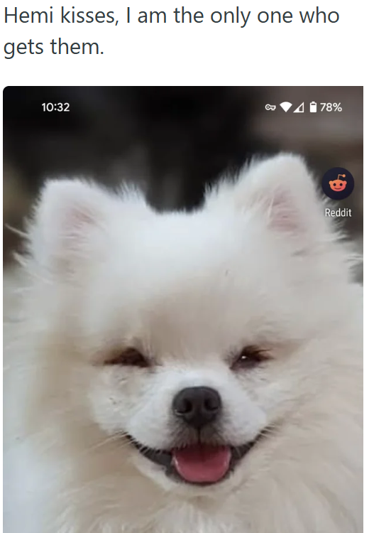 Hemi kisses, I am the only one who gets them. 10:32 *78% Reddit