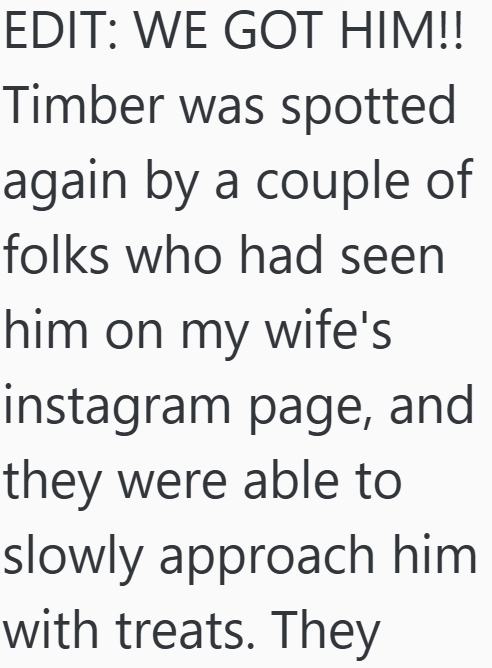EDIT: WE GOT HIM!! Timber was spotted again by a couple of folks who had seen him on my wife's instagram page, and they were able to slowly approach him with treats. They
