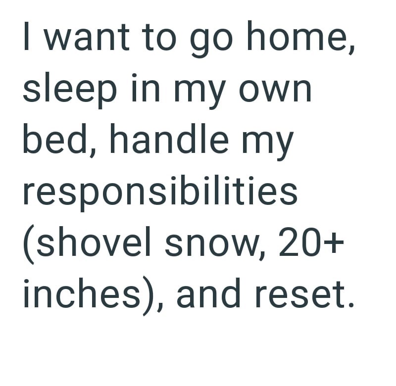I want to go home, sleep in my own bed, handle my responsibilities (shovel snow, 20+ inches), and reset.