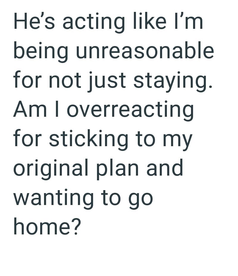He's acting like I'm being unreasonable for not just staying. Am I overreacting for sticking to my original plan and wanting to go home?
