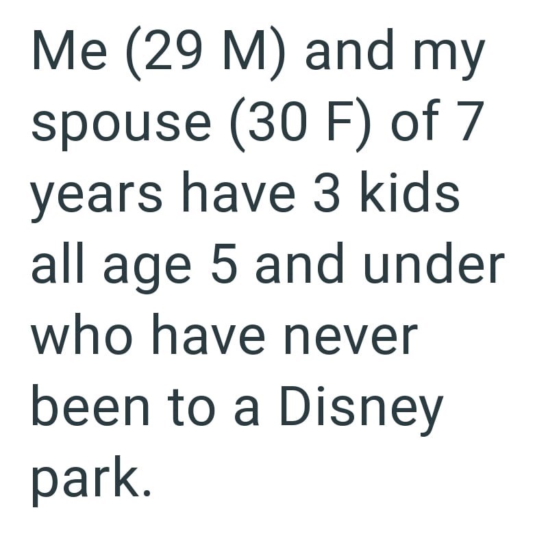 Me (29 M) and my spouse (30 F) of 7 years have 3 kids all age 5 and under who have never been to a Disney park.