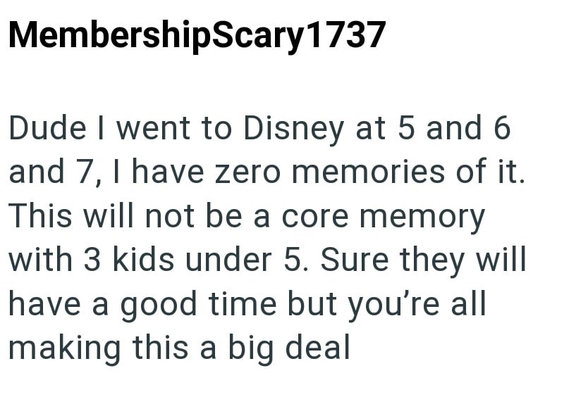 MembershipScary 1737 Dude I went to Disney at 5 and 6 and 7, I have zero memories of it. This will not be a core memory with 3 kids under 5. Sure they will have a good time but you're all making this a big deal