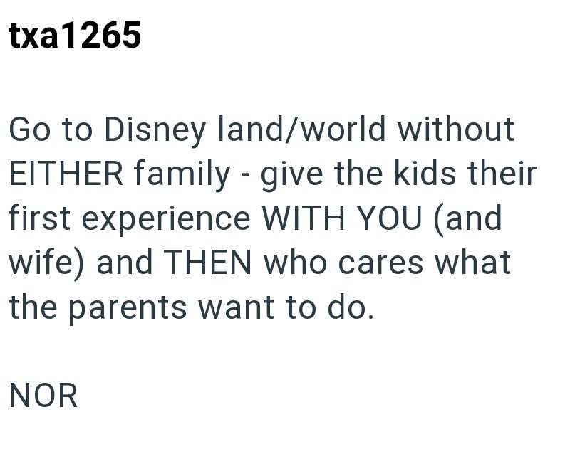 txa1265 Go to Disney land/world without EITHER family - give the kids their first experience WITH YOU (and wife) and THEN who cares what the parents want to do. NOR