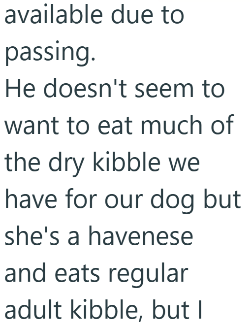 available due to passing. He doesn't seem to want to eat much of the dry kibble we have for our dog but she's a havenese and eats regular adult kibble, but I