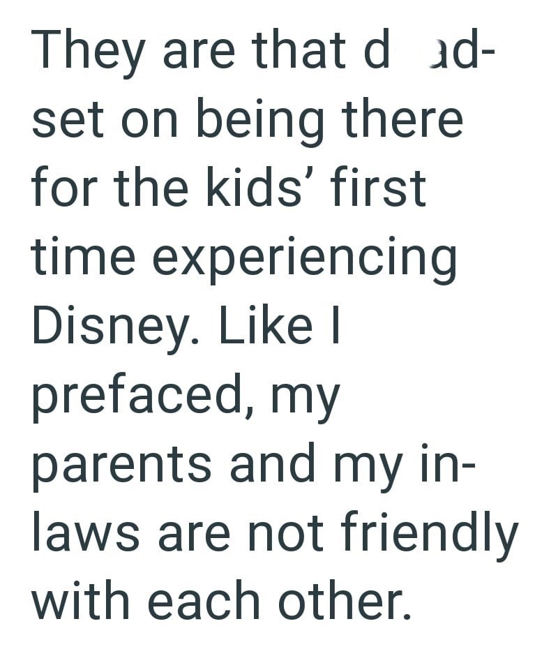 They are that d ad- set on being there for the kids' first time experiencing Disney. Like I prefaced, my parents and my in- laws are not friendly with each other.