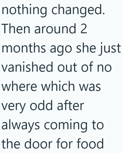 nothing changed. Then around 2 months ago she just vanished out of no where which was very odd after always coming to the door for food