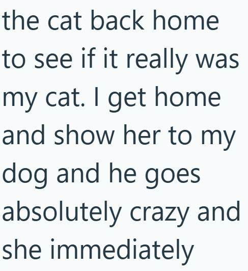 the cat back home to see if it really was my cat. I get home and show her to my dog and he goes absolutely crazy and she immediately