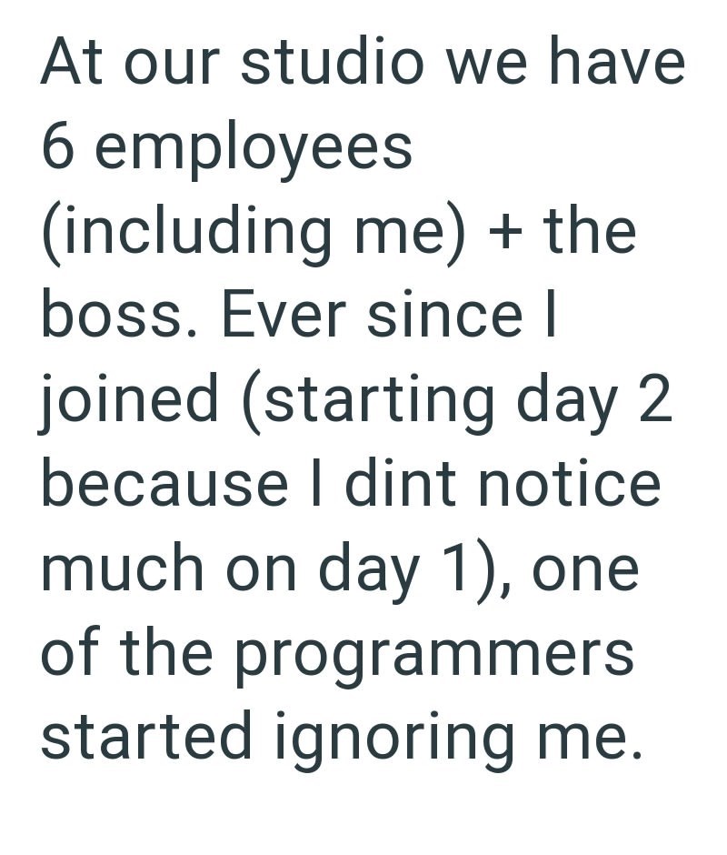 At our studio we have 6 employees (including me) + the boss. Ever since I joined (starting day 2 because I dint notice much on day 1), one of the programmers started ignoring me.