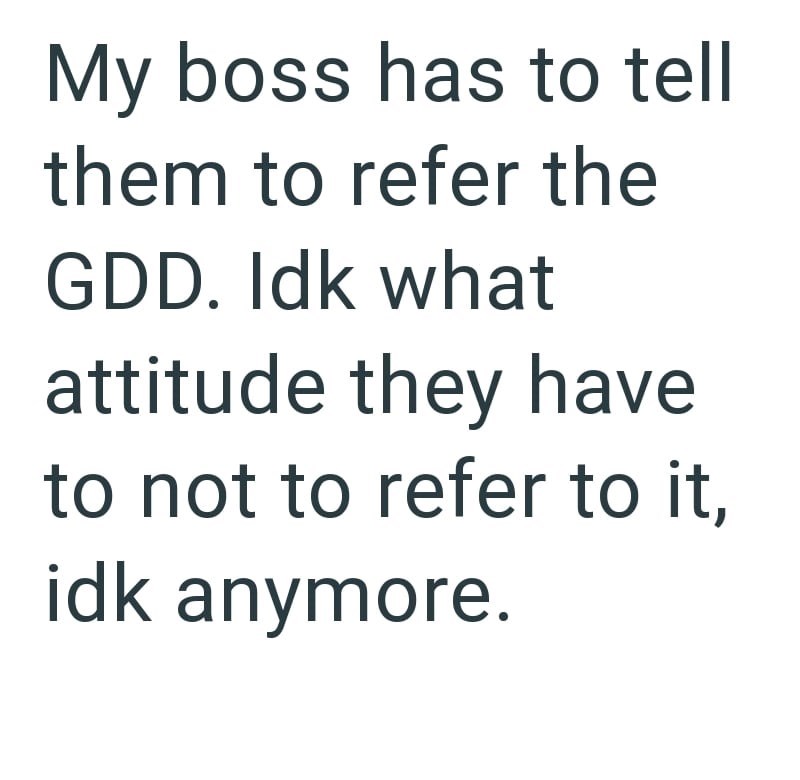 My boss has to tell them to refer the GDD. Idk what attitude they have to not to refer to it, idk anymore.