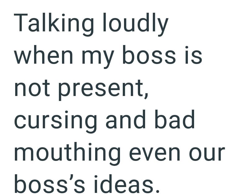 Talking loudly when my boss is not present, cursing and bad mouthing even our boss's ideas