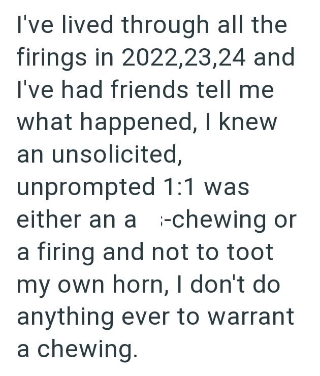 I've lived through all the firings in 2022,23,24 and I've had friends tell me what happened, I knew an unsolicited, unprompted 1:1 was either an a-chewing or a firing and not to toot my own horn, I don't do anything ever to warrant a chewing.