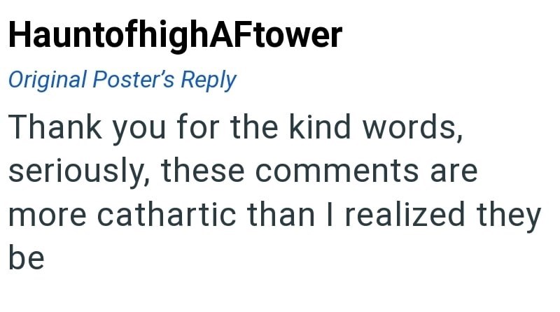 HauntofhighAFtower Original Poster's Reply Thank you for the kind words, seriously, these comments are more cathartic than I realized they be