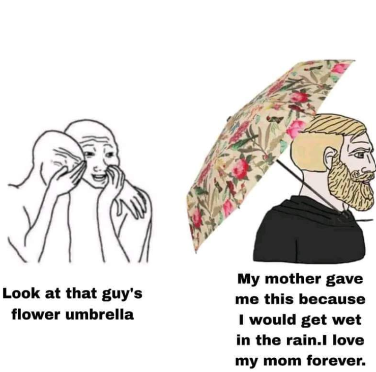 Look at that guy's flower umbrella My mother gave me this because I would get wet in the rain.I love my mom forever.