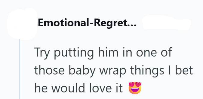Emotional-Regret... Try putting him in one of those baby wrap things I bet he would love it