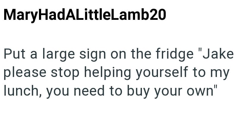 MaryHadALittleLamb20 Put a large sign on the fridge "Jake please stop helping yourself to my lunch, you need to buy your own"