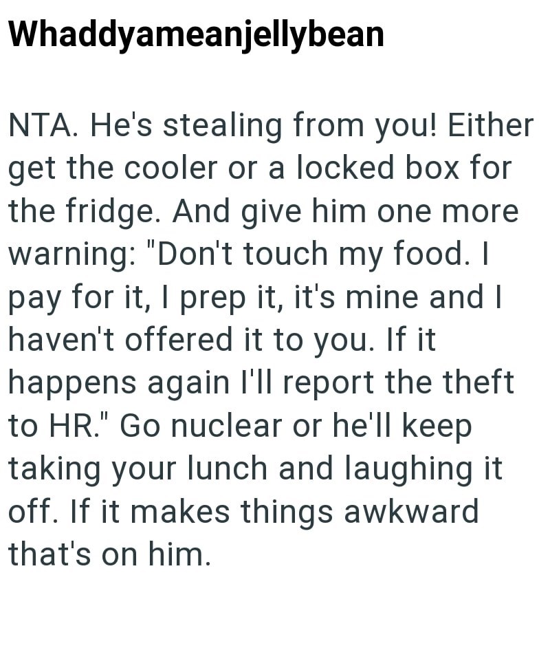 Whaddyameanjellybean NTA. He's stealing from you! Either get the cooler or a locked box for the fridge. And give him one more warning: "Don't touch my food. I pay for it, I prep it, it's mine and I haven't offered it to you. If it happens again I'll report the theft to HR." Go nuclear or he'll keep taking your lunch and laughing it off. If it makes things awkward that's on him.