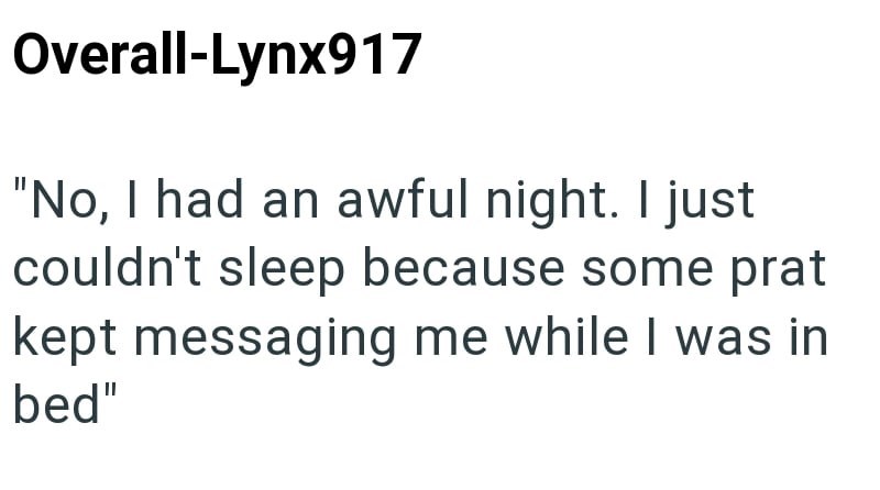 Overall-Lynx917 "No, I had an awful night. I just couldn't sleep because some prat kept messaging me while I was in bed"