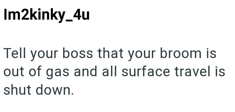 Im2kinky_4u Tell your boss that your broom is out of gas and all surface travel is shut down.