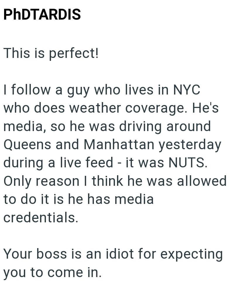 PhDTARDIS This is perfect! I follow a guy who lives in NYC who does weather coverage. He's media, so he was driving around Queens and Manhattan yesterday during a live feed - it was NUTS. Only reason I think he was allowed to do it is he has media credentials. Your boss is an idiot for expecting you to come in.