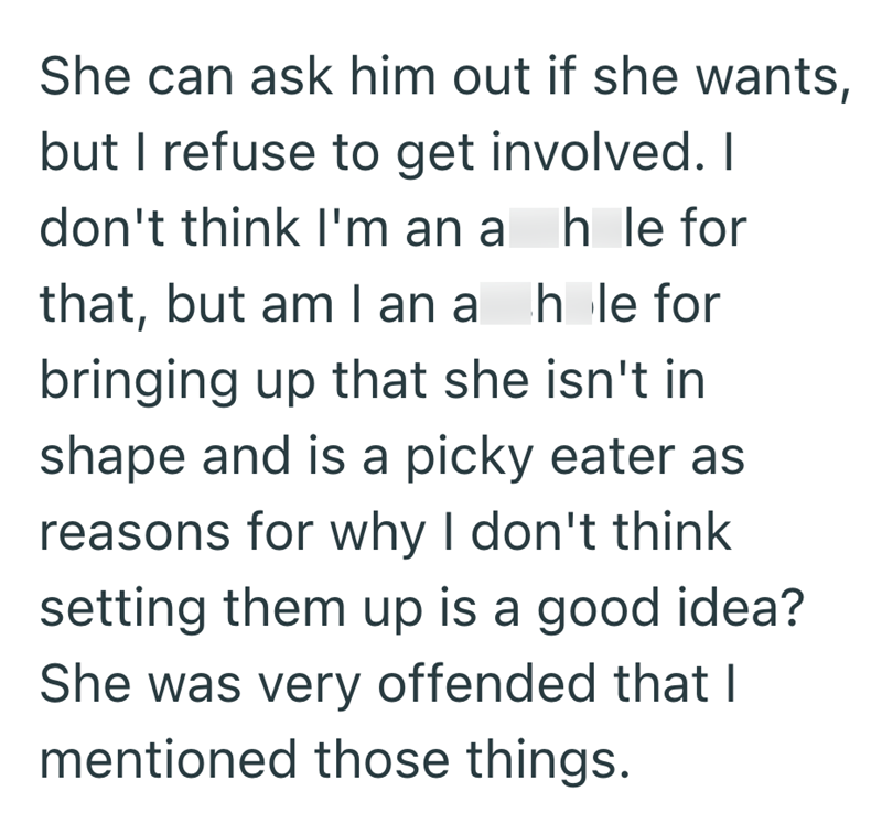 She can ask him out if she wants, but I refuse to get involved. I don't think I'm an a h le for that, but am I an a hole for bringing up that she isn't in shape and is a picky eater as reasons for why I don't think setting them up is a good idea? She was very offended that I mentioned those things.