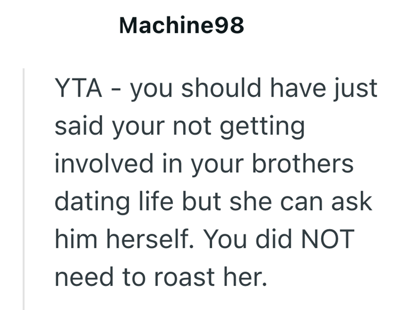 Machine98 YTA - you should have just said your not getting involved in your brothers dating life but she can ask him herself. You did NOT need to roast her.