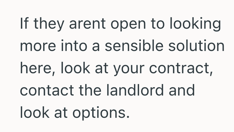If they arent open to looking more into a sensible solution here, look at your contract, contact the landlord and look at options.