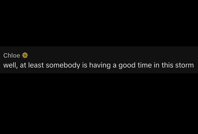 Chloe well, at least somebody is having a good time in this storm