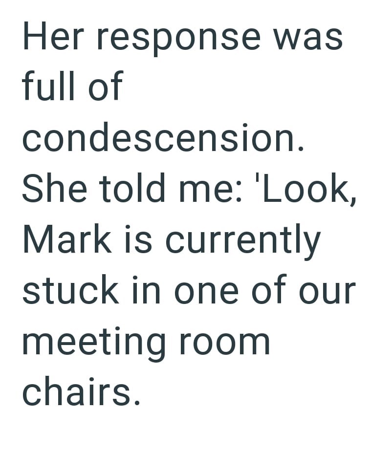 Her response was full of condescension. She told me: 'Look, Mark is currently stuck in one of our meeting room chairs.