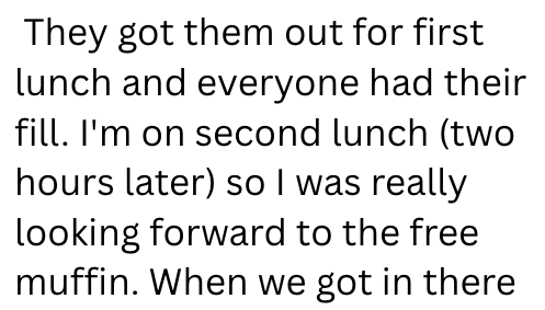 They got them out for first lunch and everyone had their fill. I'm on second lunch (two hours later) so I was really looking forward to the free muffin. When we got in there