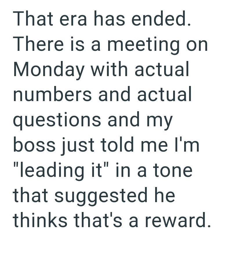 That era has ended. There is a meeting on Monday with actual numbers and actual questions and my boss just told me I'm "leading it" in a tone that suggested he thinks that's a reward.