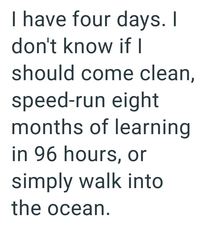 I have four days. I don't know if I should come clean, speed-run eight months of learning in 96 hours, or simply walk into the ocean.