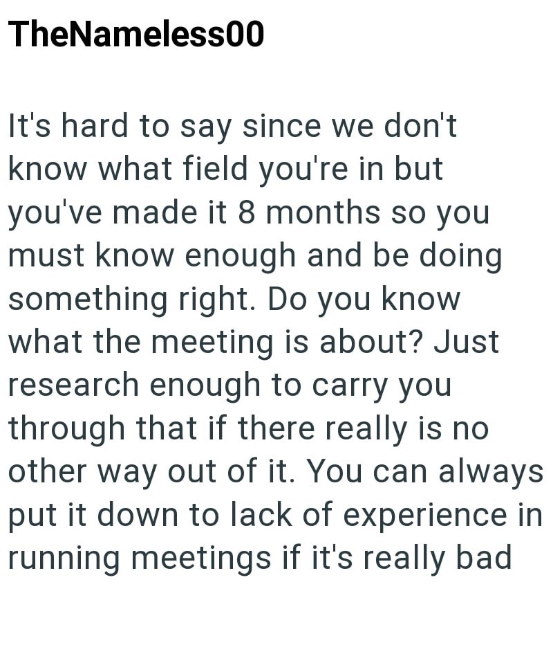 TheNameless00 It's hard to say since we don't know what field you're in but you've made it 8 months so you must know enough and be doing something right. Do you know what the meeting is about? Just research enough to carry you through that if there really is no other way out of it. You can always put it down to lack of experience in running meetings if it's really bad