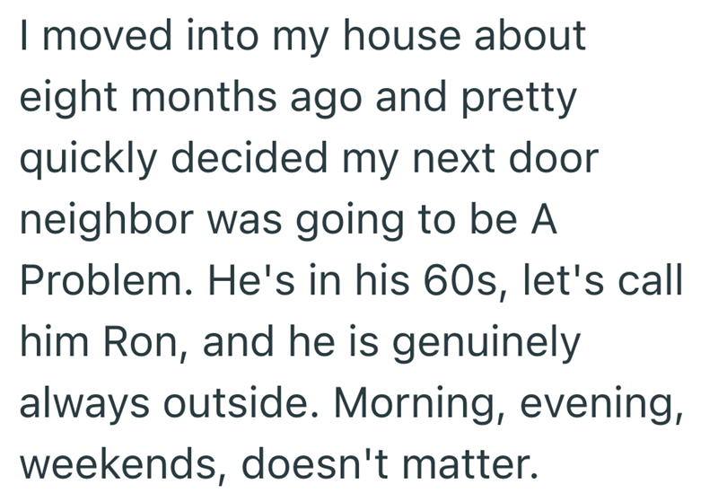 I moved into my house about eight months ago and pretty quickly decided my next door neighbor was going to be A Problem. He's in his 60s, let's call him Ron, and he is genuinely always outside. Morning, evening, weekends, doesn't matter.